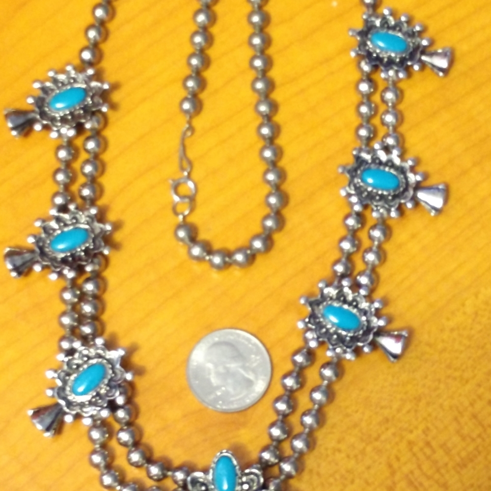 Navajo necklace sterling and turquoise 28 inches